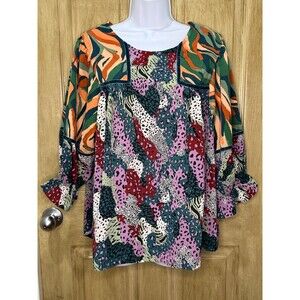 Umgee Boutique Blouse Mixed Animal Print Leopard Cheetah Print Size L